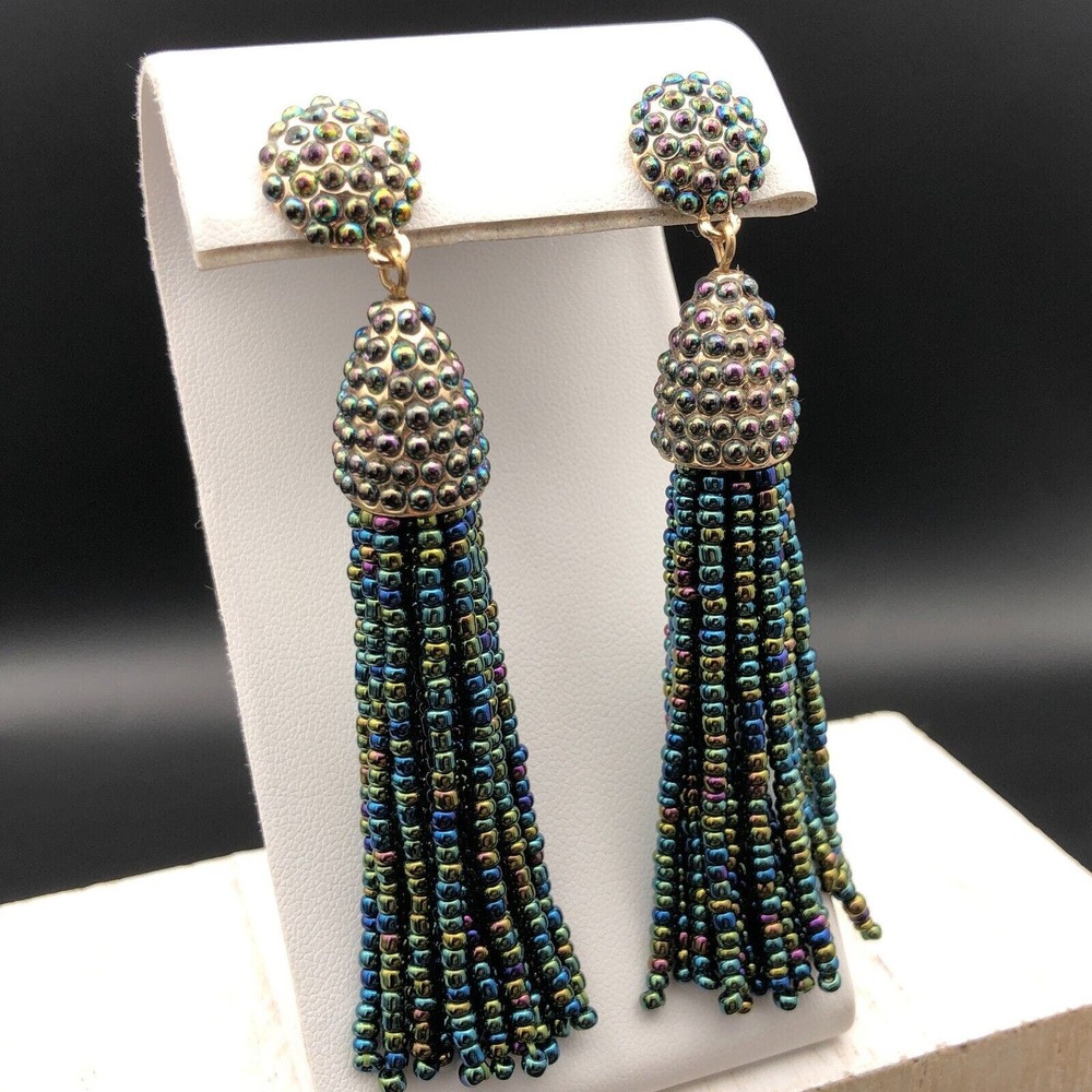 Baublebar Tassel Earrings Piñata Peacock Beaded Gold Tone Boho Dangles‎ Drops